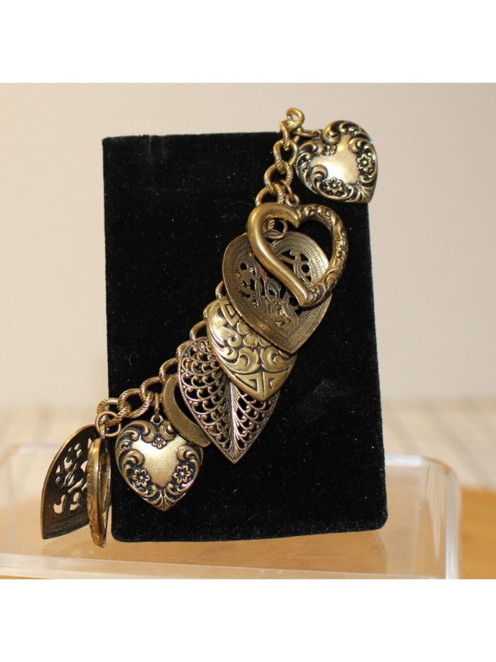 Vintage Brass Tone Multi Heart Charm Bracelet Filigree Puffed Link Statement
